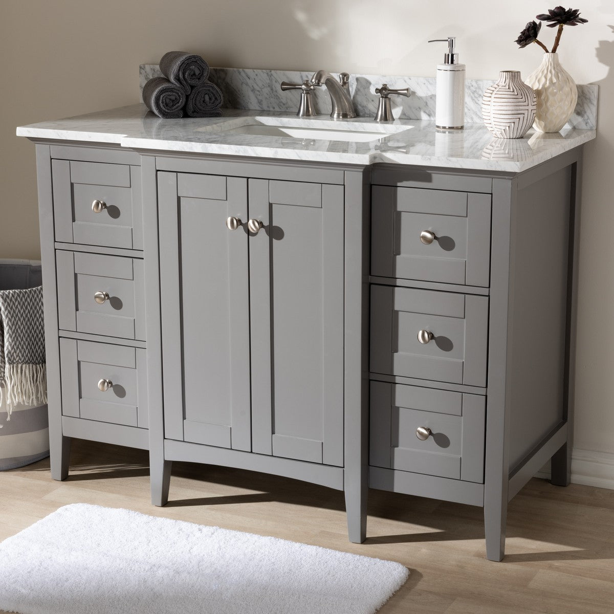 Baxton Studio Murray 48-Inch Transitional Grey Finished Wood and Marble Sink  Bathroom Vanity