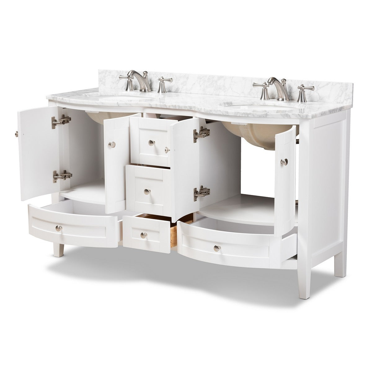 Baxton Studio Nicole 60-Inch Transitional White Finished Wood and Marble Double Sink Bathroom Vanity