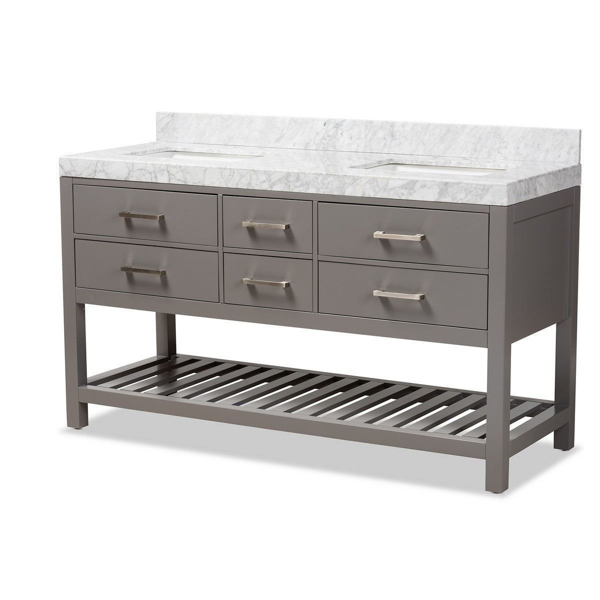 Baxton Studio Yolanda 60-Inch Modern and Contemporary Grey Finished Wood and Marble Double Sink Bathroom Vanity Baxton Studio-Bathroom Vanities-Minimal And Modern - 1