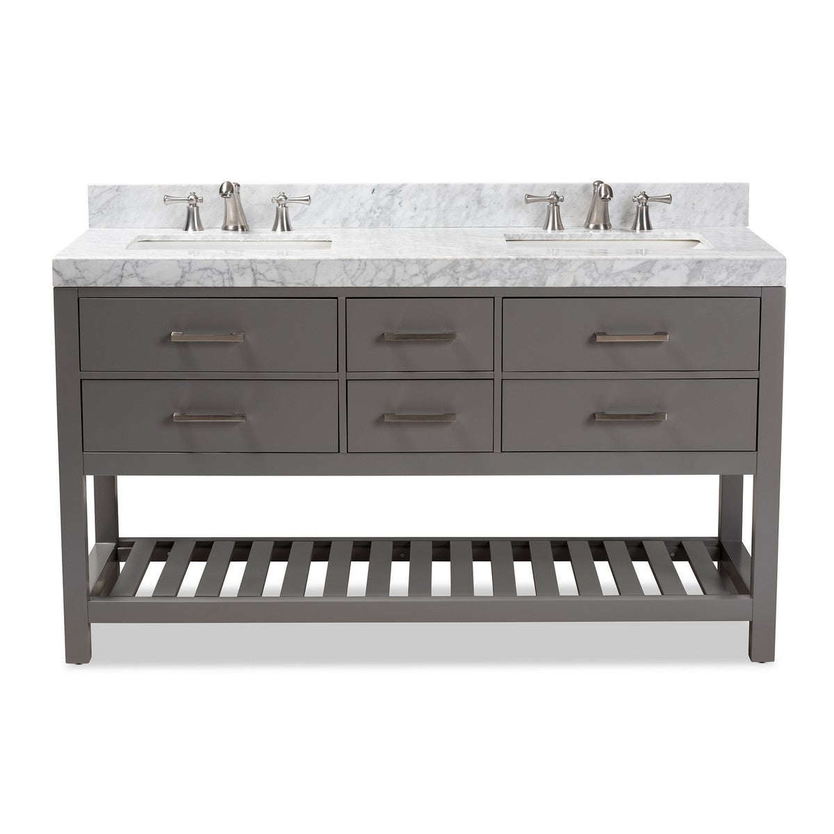 Baxton Studio Yolanda 60-Inch Modern and Contemporary Grey Finished Wood and Marble Double Sink Bathroom Vanity