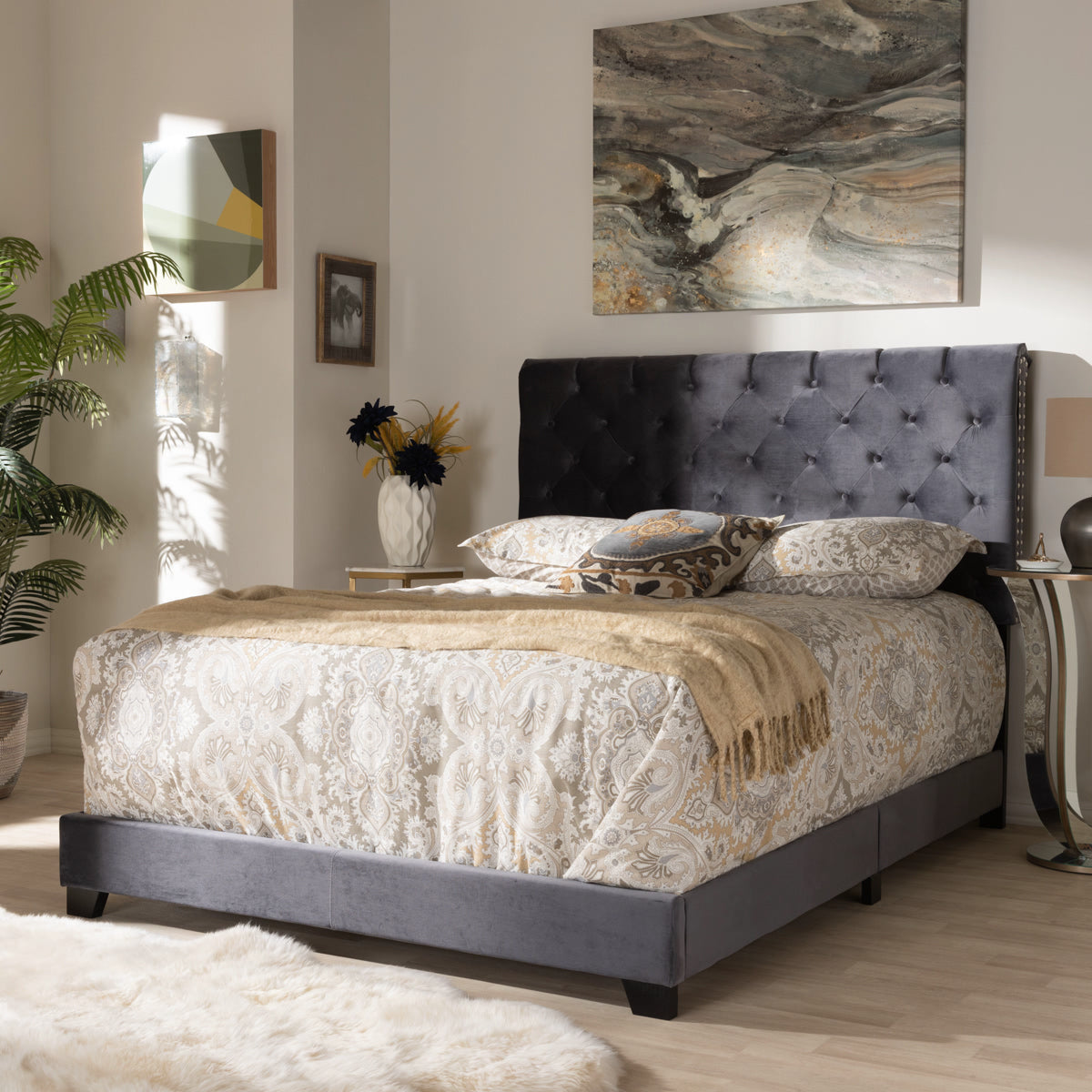 Baxton Studio Candace Luxe and Glamour Dark Grey Velvet Upholstered Full Size Bed Baxton Studio-0-Minimal And Modern - 7