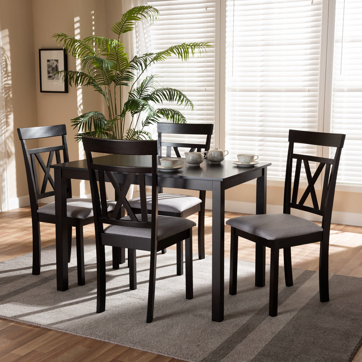 Baxton Studio Rosie Modern and Contemporary Espresso Brown Finished and Grey Fabric Upholstered 5-Piece Dining Set Baxton Studio-0-Minimal And Modern - 2