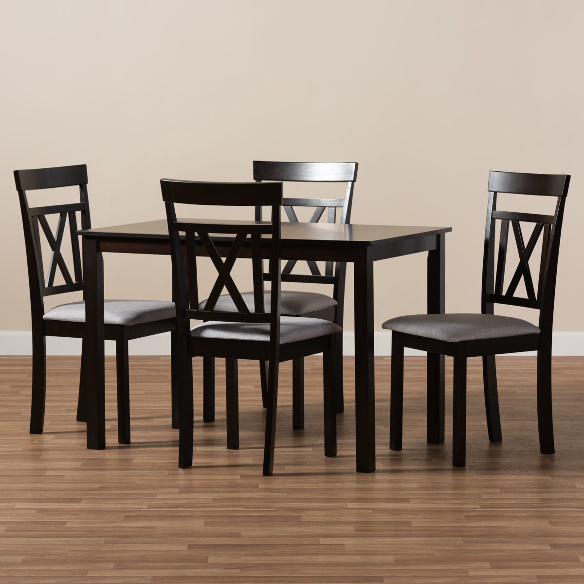 Baxton Studio Rosie Modern and Contemporary Espresso Brown Finished and Grey Fabric Upholstered 5-Piece Dining Set Baxton Studio-0-Minimal And Modern - 3