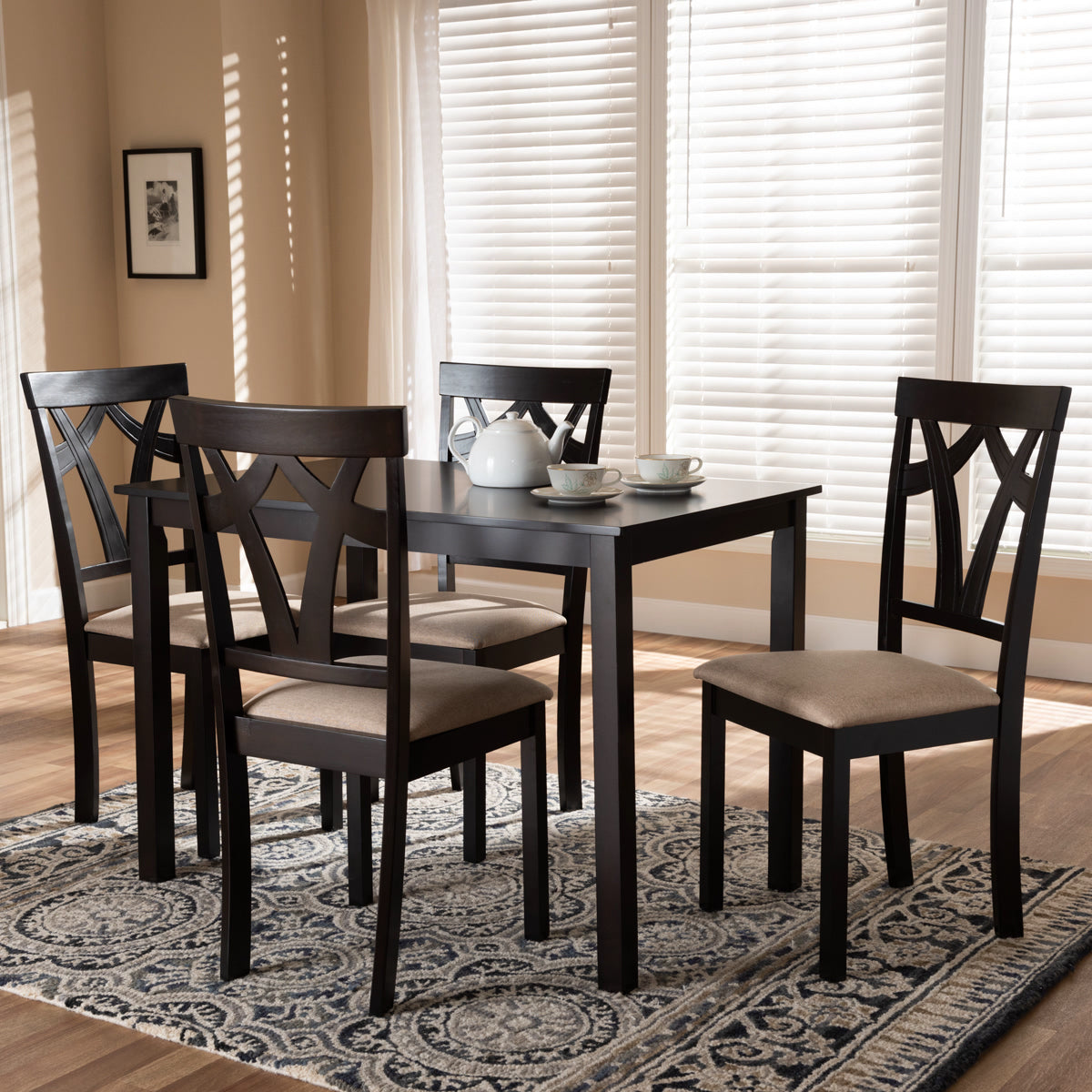 Baxton Studio Sylvia Modern and Contemporary Espresso Brown Finished and Sand Fabric Upholstered 5-Piece Dining Set Baxton Studio-0-Minimal And Modern - 2
