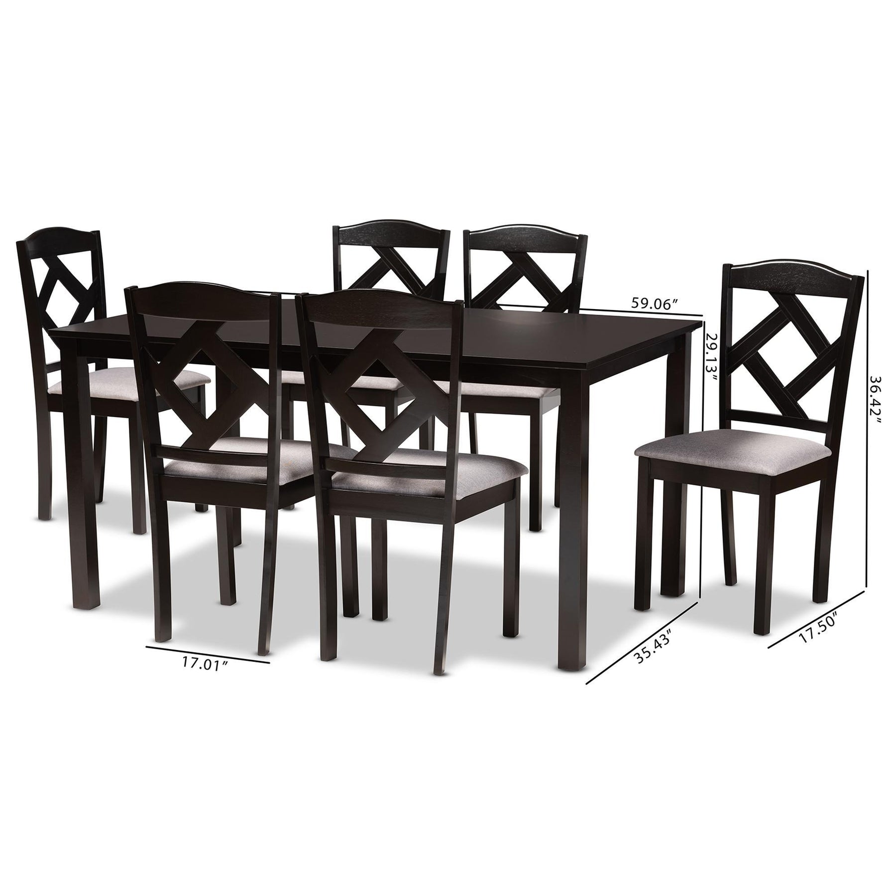 Baxton Studio Ruth Modern Transitional Grey Fabric Upholstered And Dark Brown Finished Wood 7-Piece Dining Set - Ruth-Grey/Dark Brown-7PC Dining Set