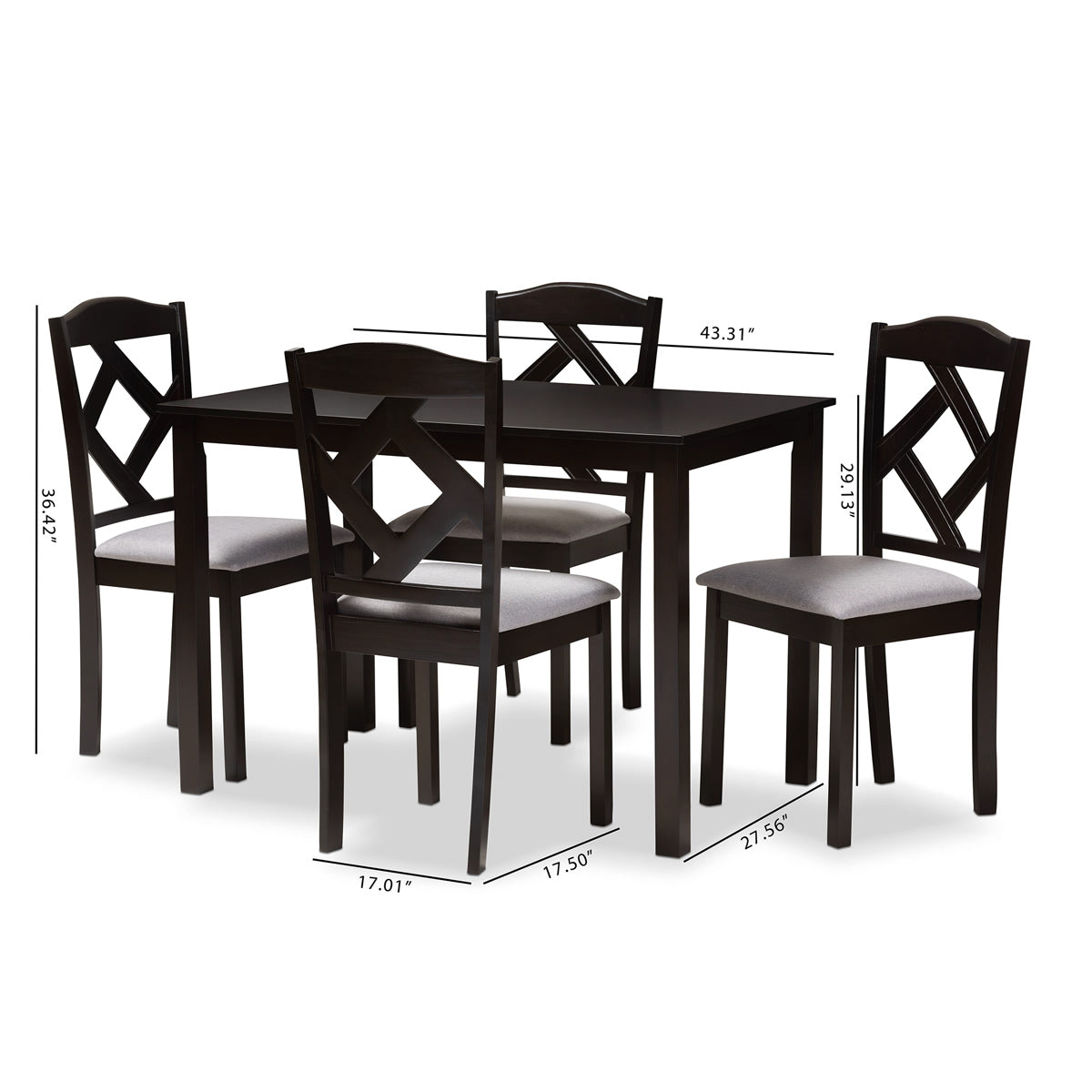Baxton Studio Ruth Modern and Contemporary Espresso Brown Finished and Grey Fabric Upholstered 5-Piece Dining Set Baxton Studio-0-Minimal And Modern - 4