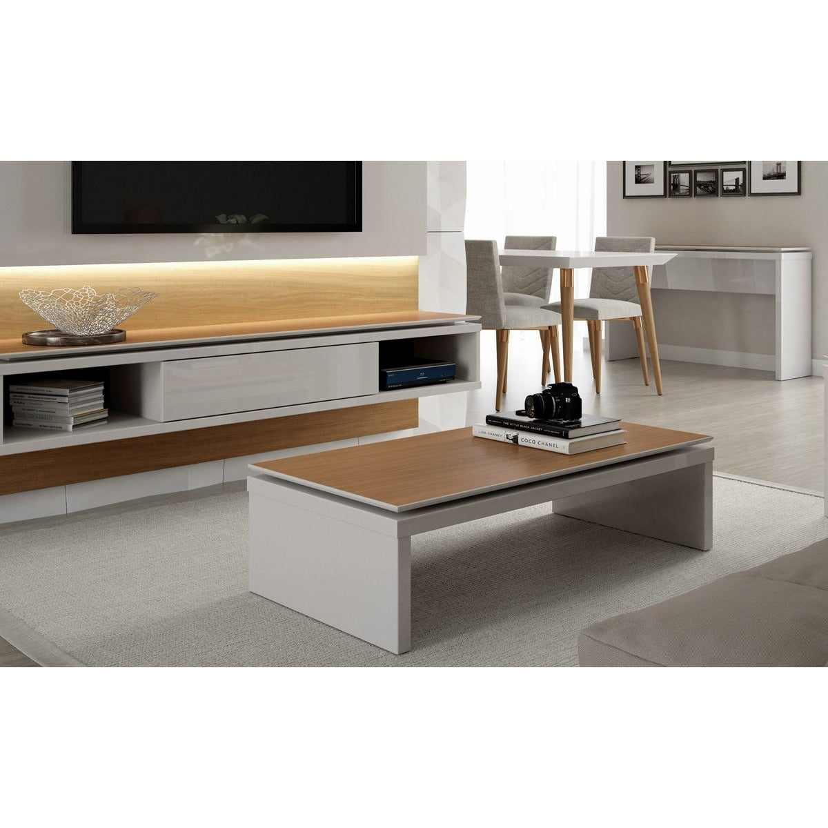 Manhattan Comfort Lincoln Rectangle Coffee Table in Off White and Maple Cream-Minimal & Modern