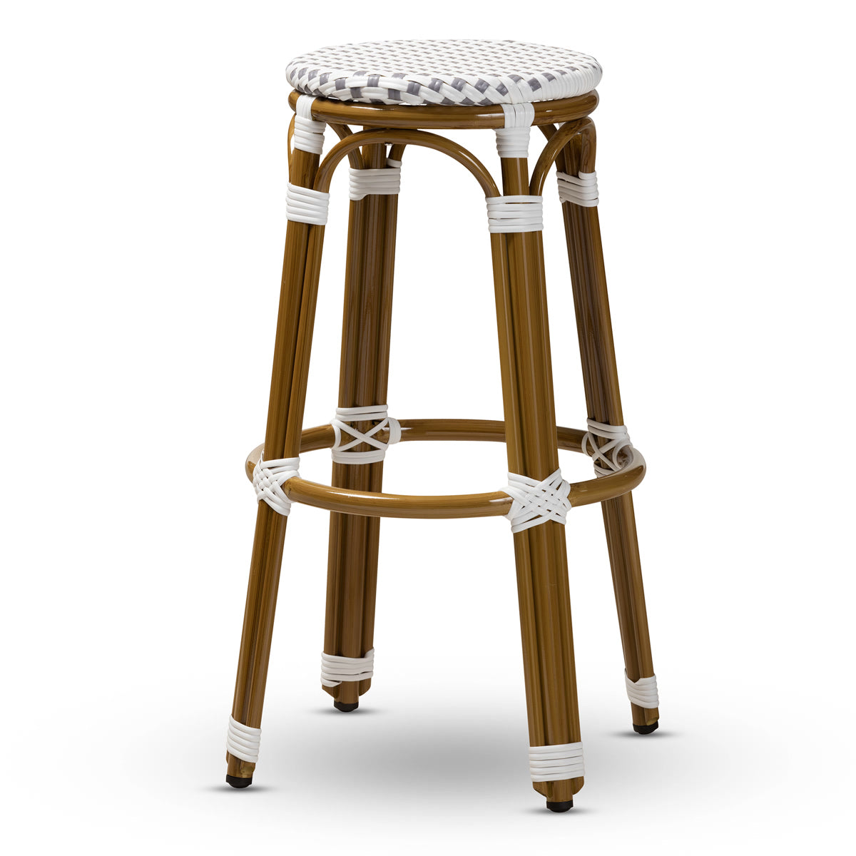 Baxton Studio Joelle Classic French Indoor and Outdoor Grey and White Bamboo Style Stackable Bistro Bar Stool  Baxton Studio-Bar Stools-Minimal And Modern - 1