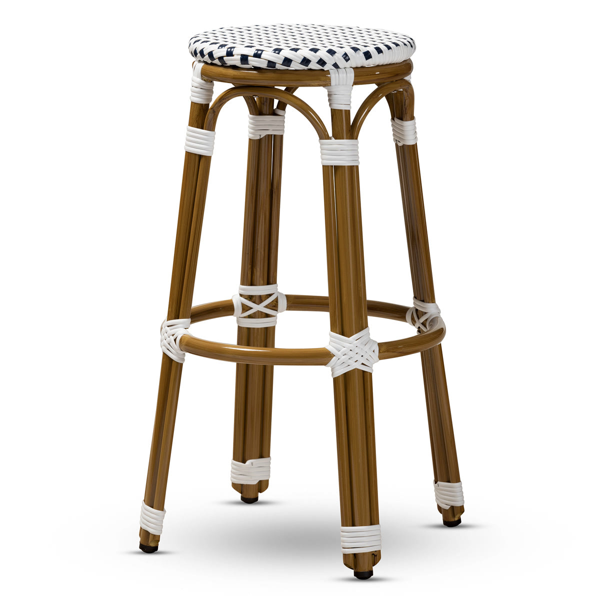 Baxton Studio Joelle Classic French Indoor and Outdoor Navy and White Bamboo Style Stackable Bistro Bar Stool  Baxton Studio-Bar Stools-Minimal And Modern - 1