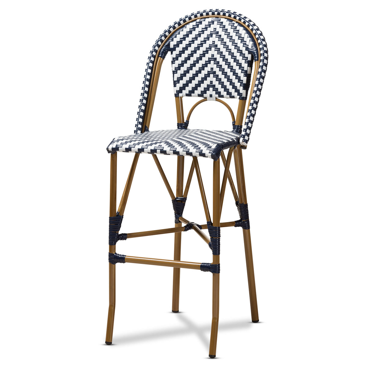 Baxton Studio Ilene Classic French Indoor and Outdoor White and Blue Bamboo Style Stackable Bistro Bar Stool  Baxton Studio-Bar Stools-Minimal And Modern - 1