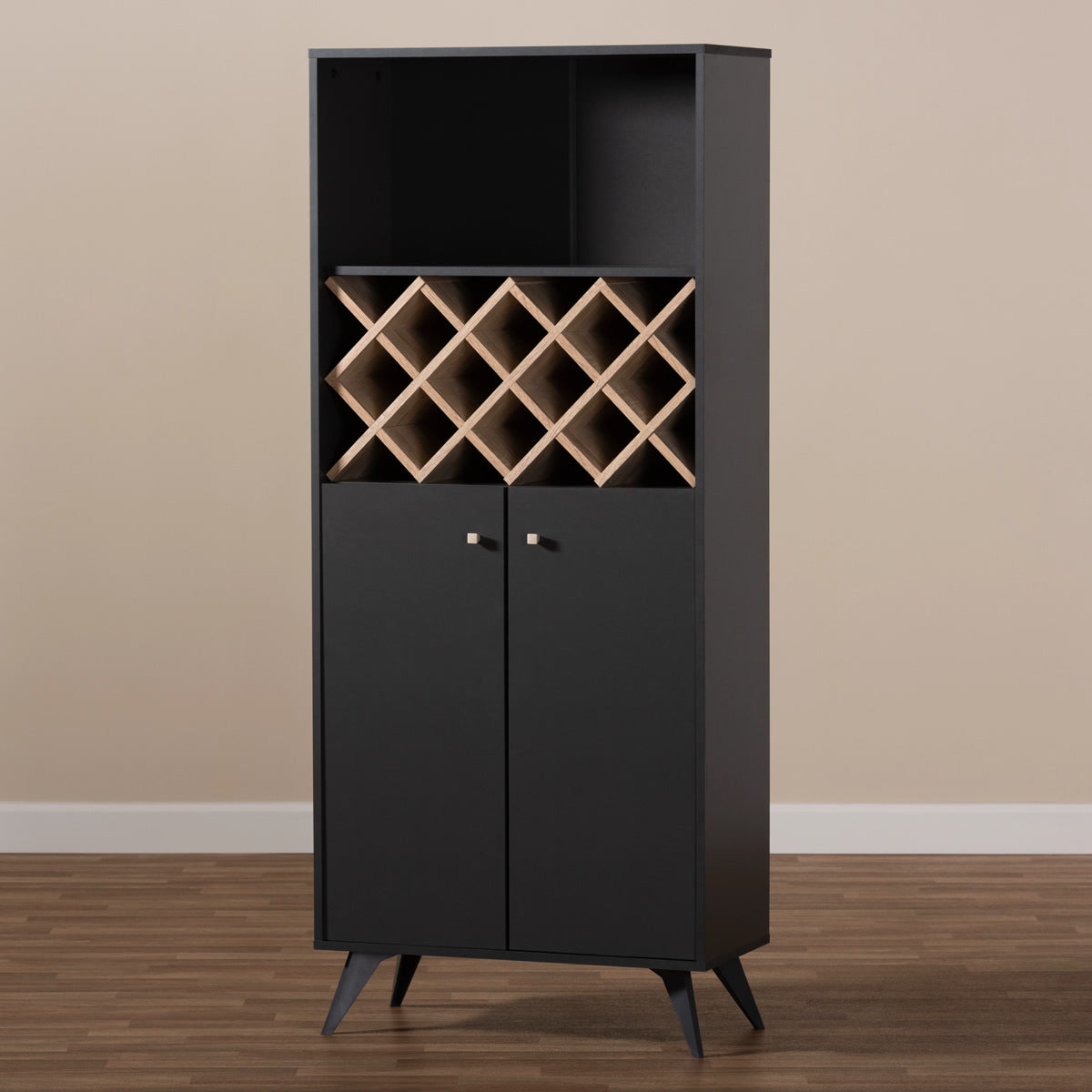 Baxton Studio Serafino Mid-Century Modern Dark Grey and Oak Finished Wood Wine Cabinet Baxton Studio-0-Minimal And Modern - 8