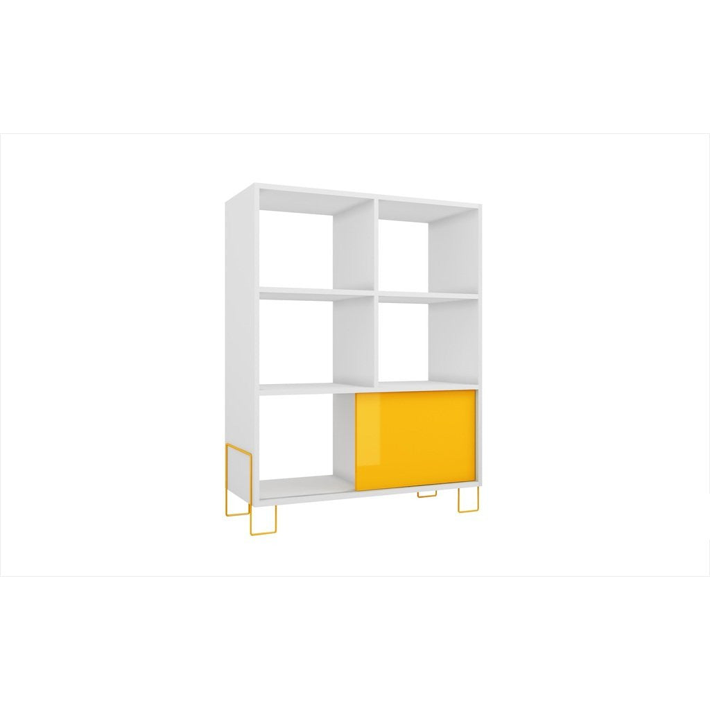 Accentuations by Manhattan Comfort Exquisite Boden Mid- High Side Stand with 6 Shelves and 1 Sliding Door in an White Frame and Yellow Door and Feet Manhattan Comfort-Stands and Side Tables- - 1
