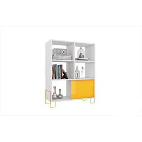 Accentuations by Manhattan Comfort Exquisite Boden Mid- High Side Stand with 6 Shelves and 1 Sliding Door in an White Frame and Yellow Door and Feet