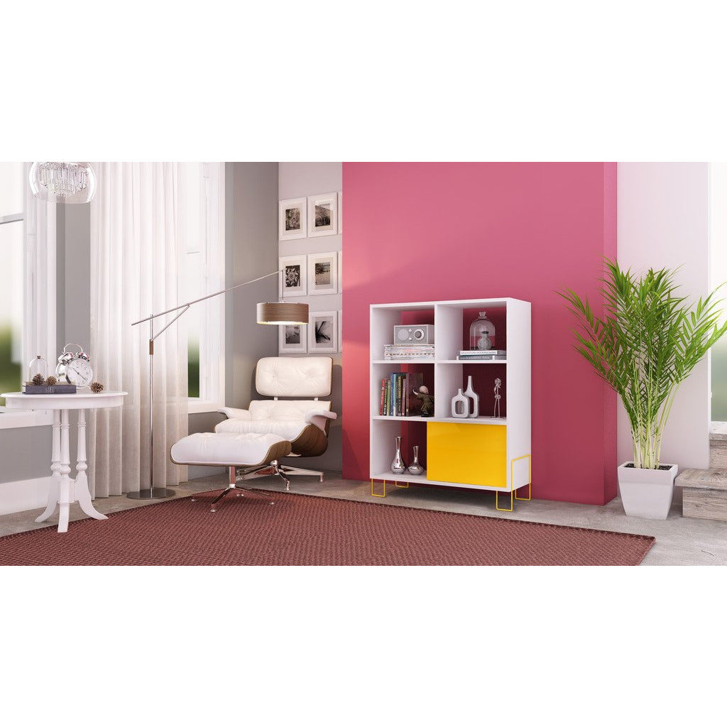 Accentuations by Manhattan Comfort Exquisite Boden Mid- High Side Stand with 6 Shelves and 1 Sliding Door in an White Frame and Yellow Door and Feet