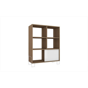 Accentuations by Manhattan Comfort Exquisite Boden Mid- High Side Stand with 6 Shelves and 1 Sliding Door in an Oak Frame and White Door and Feet Manhattan Comfort-Stands and Side Tables- - 1