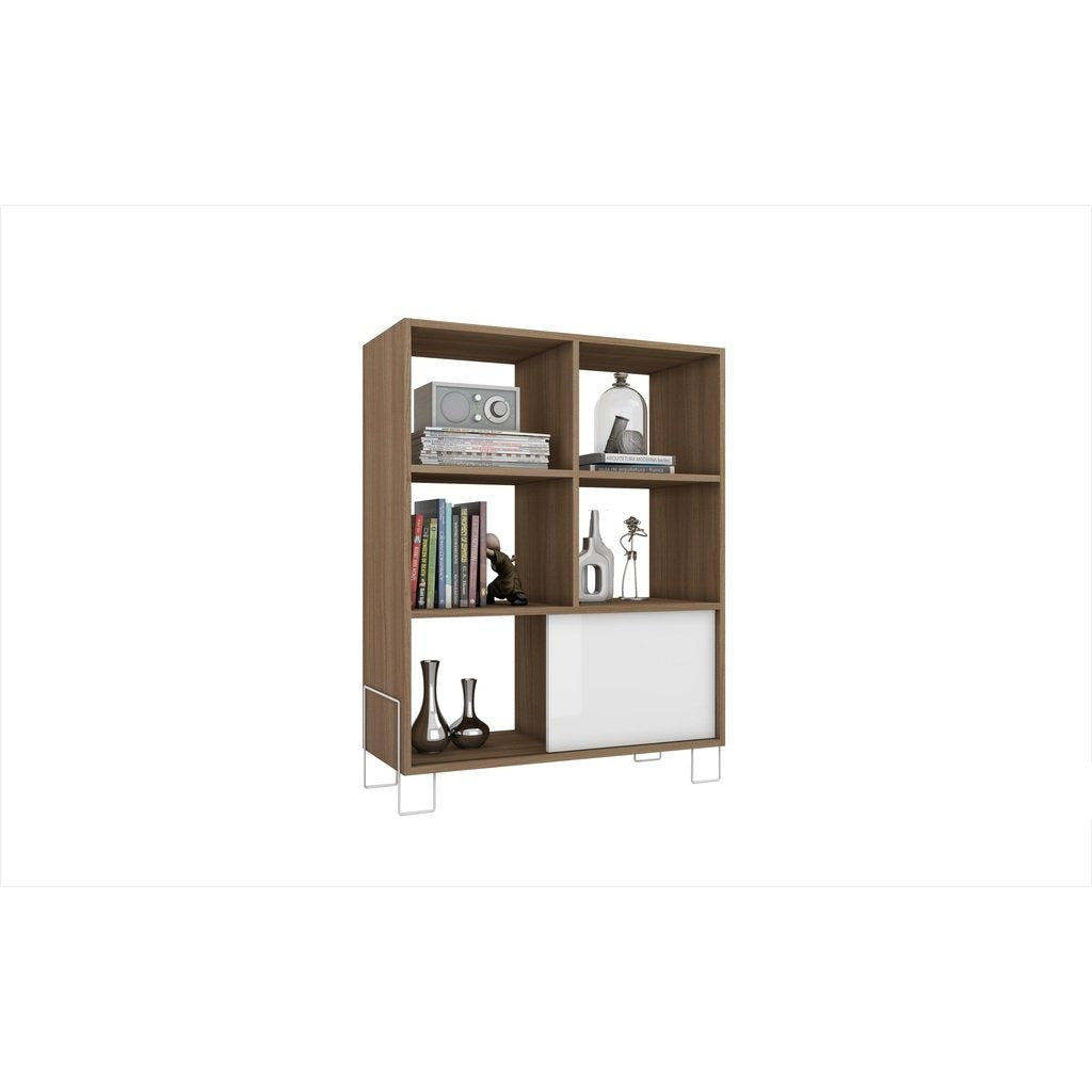 Accentuations by Manhattan Comfort Exquisite Boden Mid- High Side Stand with 6 Shelves and 1 Sliding Door in an Oak Frame and White Door and Feet