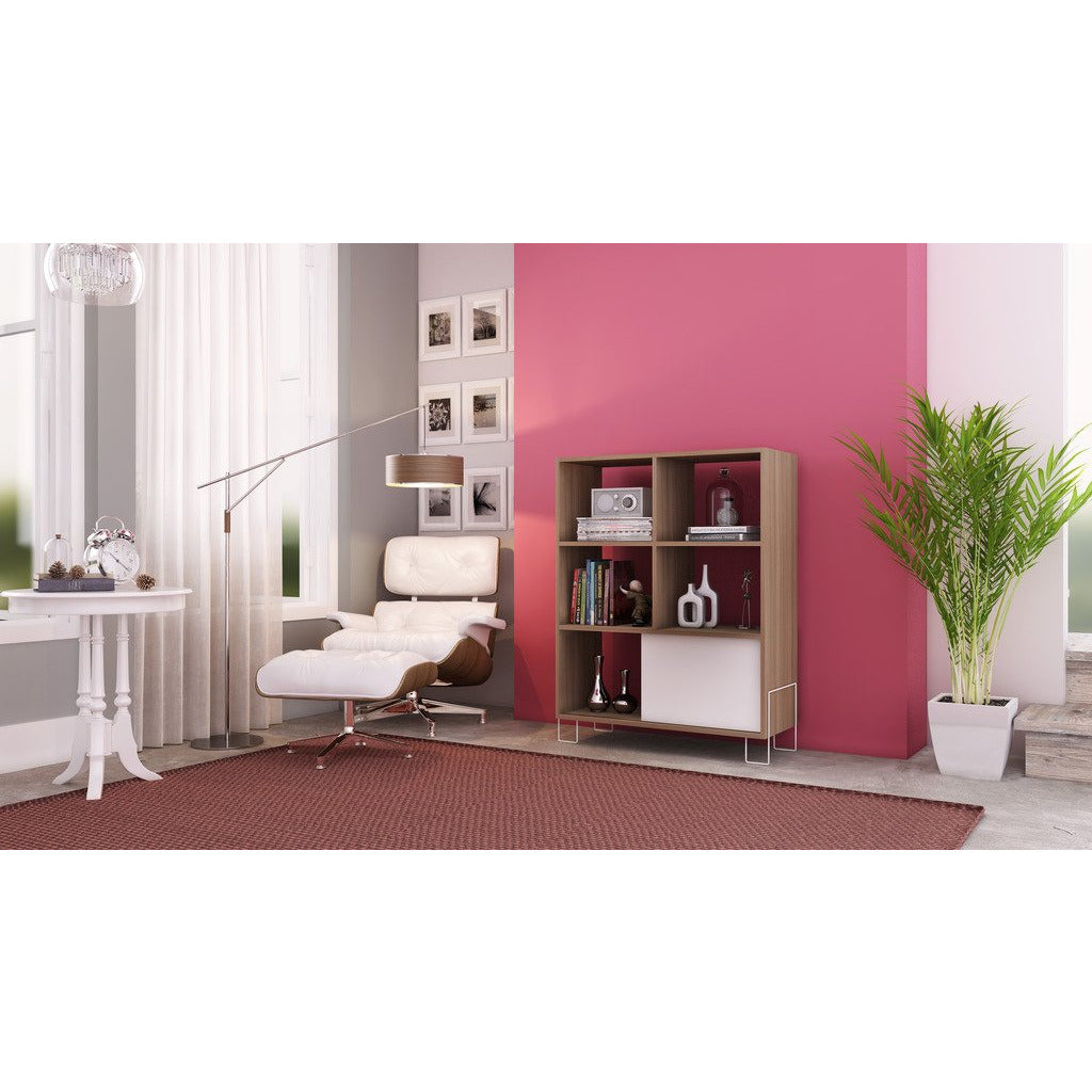 Accentuations by Manhattan Comfort Exquisite Boden Mid- High Side Stand with 6 Shelves and 1 Sliding Door in an Oak Frame and White Door and Feet