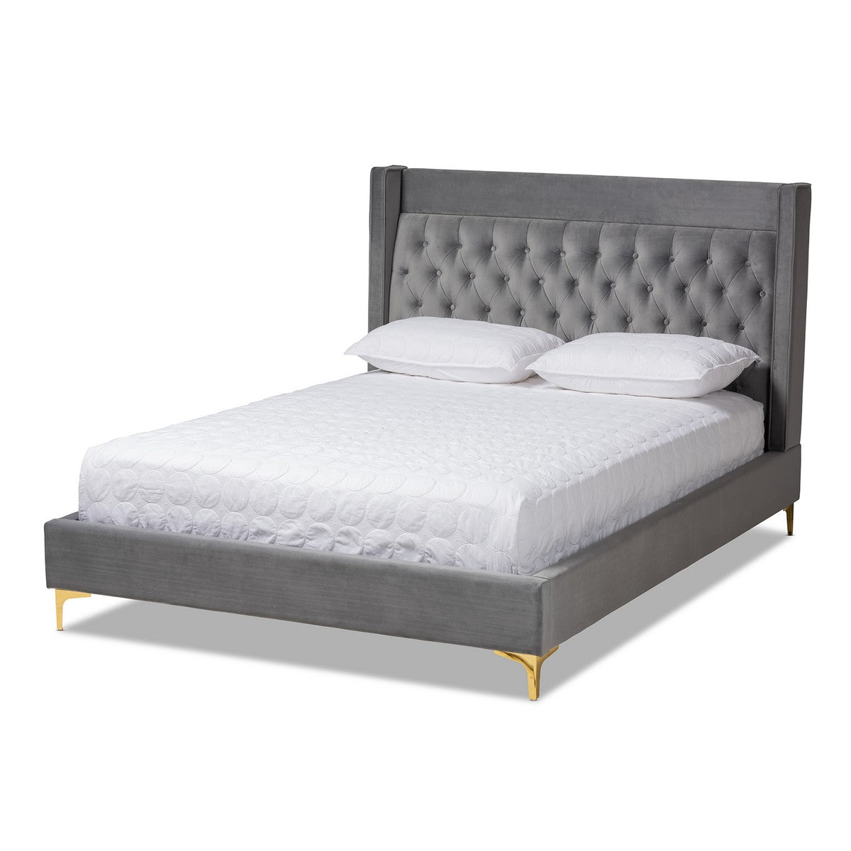 Baxton Studio Valery Modern and Contemporary Dark Gray Velvet Fabric Upholstered King Size Platform Bed with Gold-Finished Legs Baxton Studio-beds-Minimal And Modern - 1