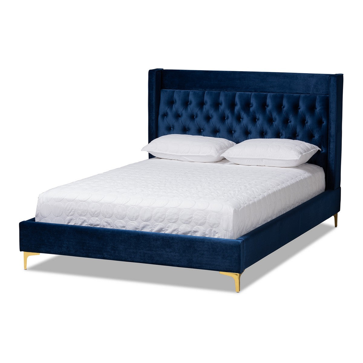 Baxton Studio Valery Modern and Contemporary Navy Blue Velvet Fabric Upholstered Queen Size Platform Bed with Gold-Finished Legs Baxton Studio-beds-Minimal And Modern - 1
