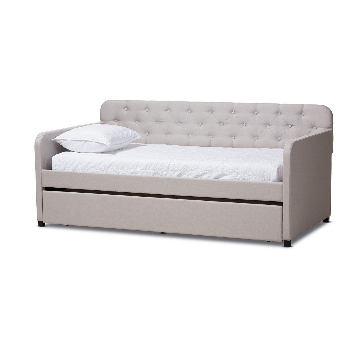Baxton Studio Camelia Modern and Contemporary Beige Fabric Upholstered Button-Tufted Twin Size Sofa Daybed with Roll-Out Trundle Guest Bed Baxton Studio-daybed-Minimal And Modern - 1