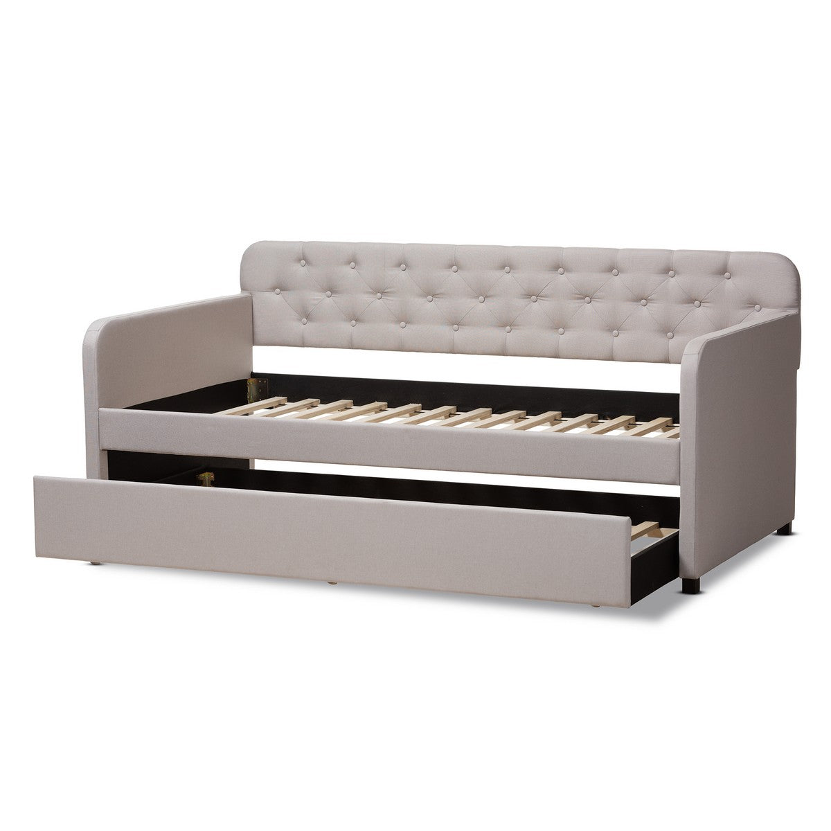 Baxton Studio Camelia Modern and Contemporary Beige Fabric Upholstered Button-Tufted Twin Size Sofa Daybed with Roll-Out Trundle Guest Bed