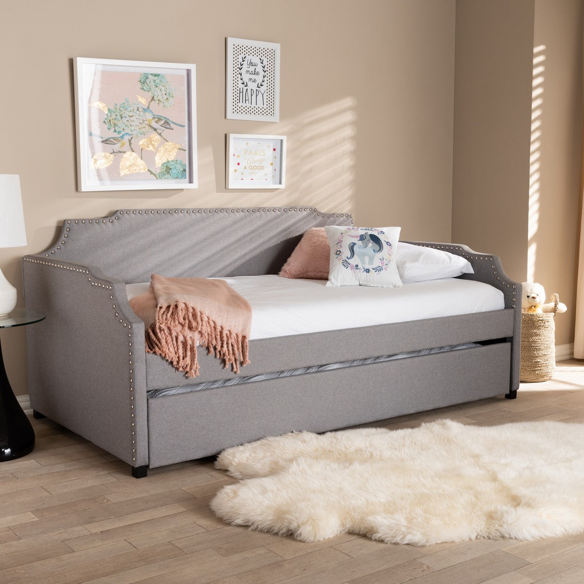 Baxton Studio Ally Modern and Contemporary Grey Fabric Upholstered Twin Size Sofa Daybed with Roll Out Trundle Guest Bed