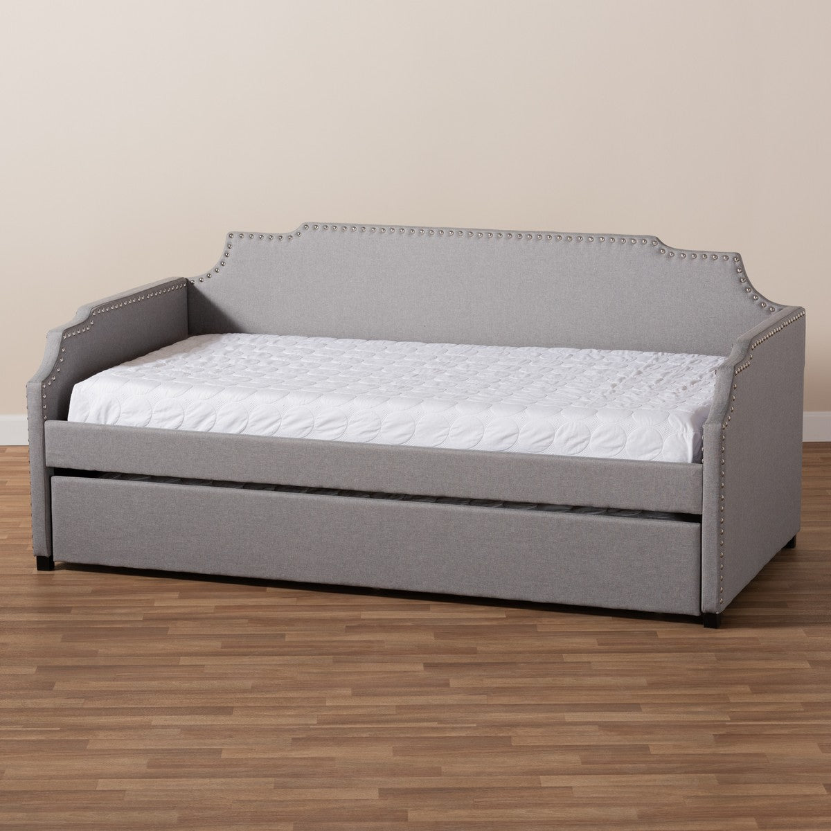Baxton Studio Ally Modern and Contemporary Grey Fabric Upholstered Twin Size Sofa Daybed with Roll Out Trundle Guest Bed