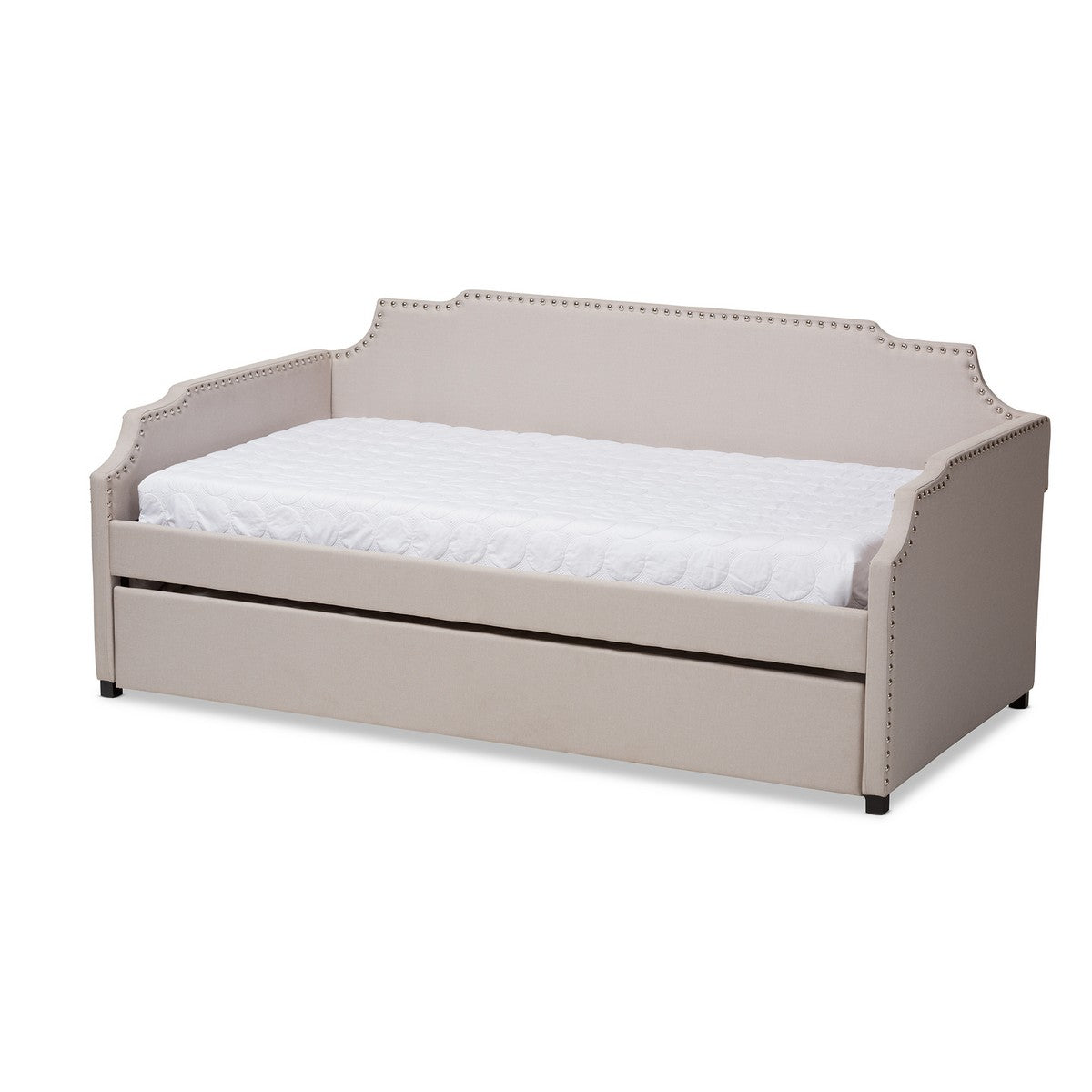 Baxton Studio Ally Modern and Contemporary Beige Fabric Upholstered Twin Size Sofa Daybed with Roll Out Trundle Guest Bed Baxton Studio-daybed-Minimal And Modern - 1