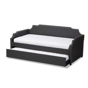 Baxton Studio Ally Modern and Contemporary Charcoal Fabric Upholstered Twin Size Sofa Daybed with Roll Out Trundle Guest Bed