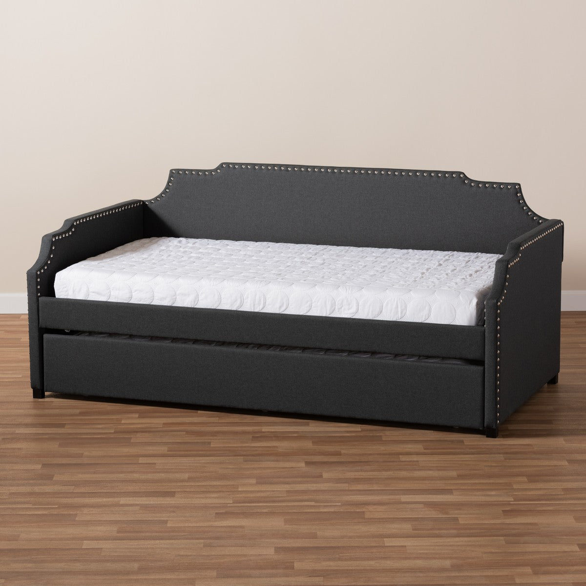 Baxton Studio Ally Modern and Contemporary Charcoal Fabric Upholstered Twin Size Sofa Daybed with Roll Out Trundle Guest Bed