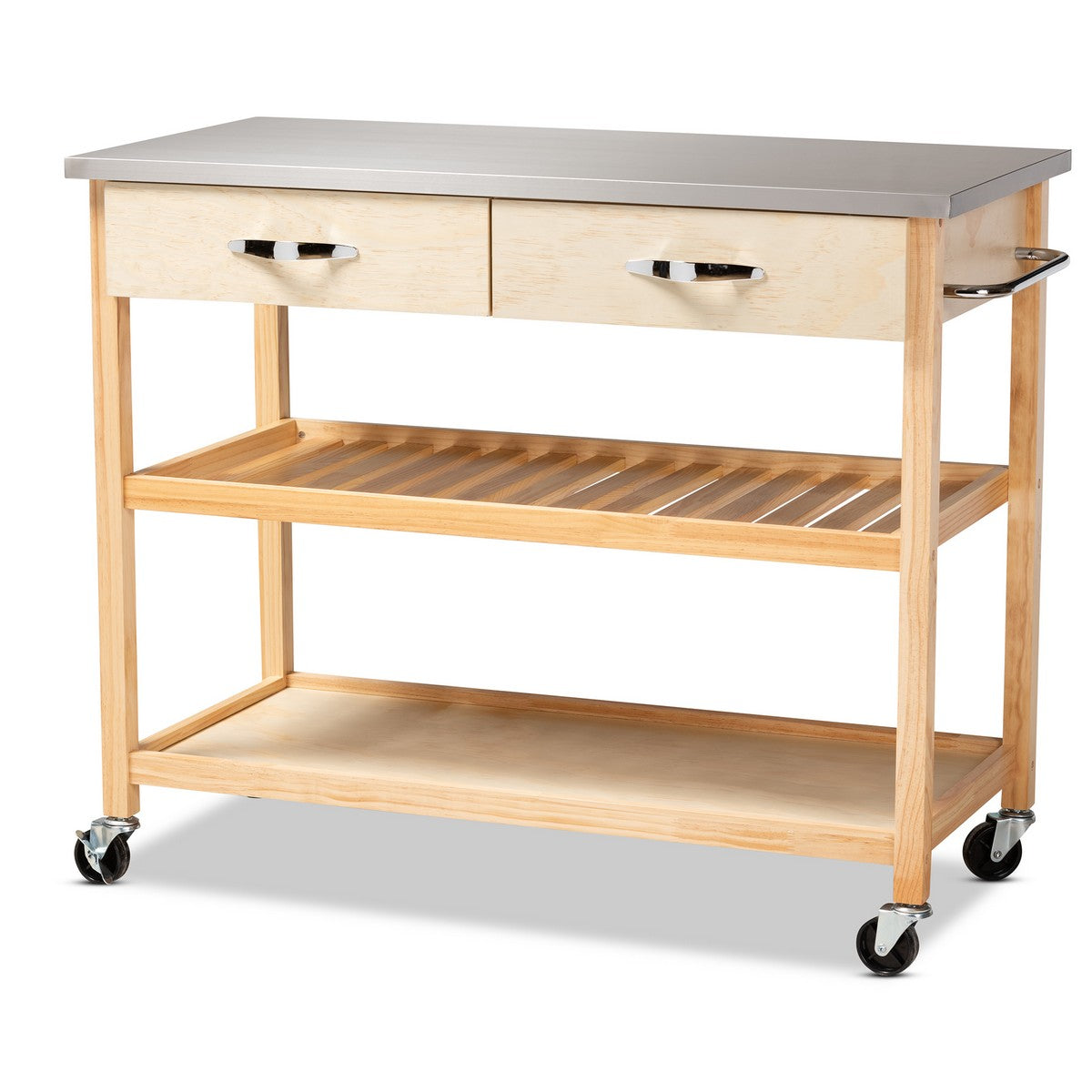 Baxton Studio Cresta Modern and Contemporary Pine Wood and Stainless Steel 2-Drawer Kitchen Island Utility Storage Cart Baxton Studio-Trolleys and Carts-Minimal And Modern - 1