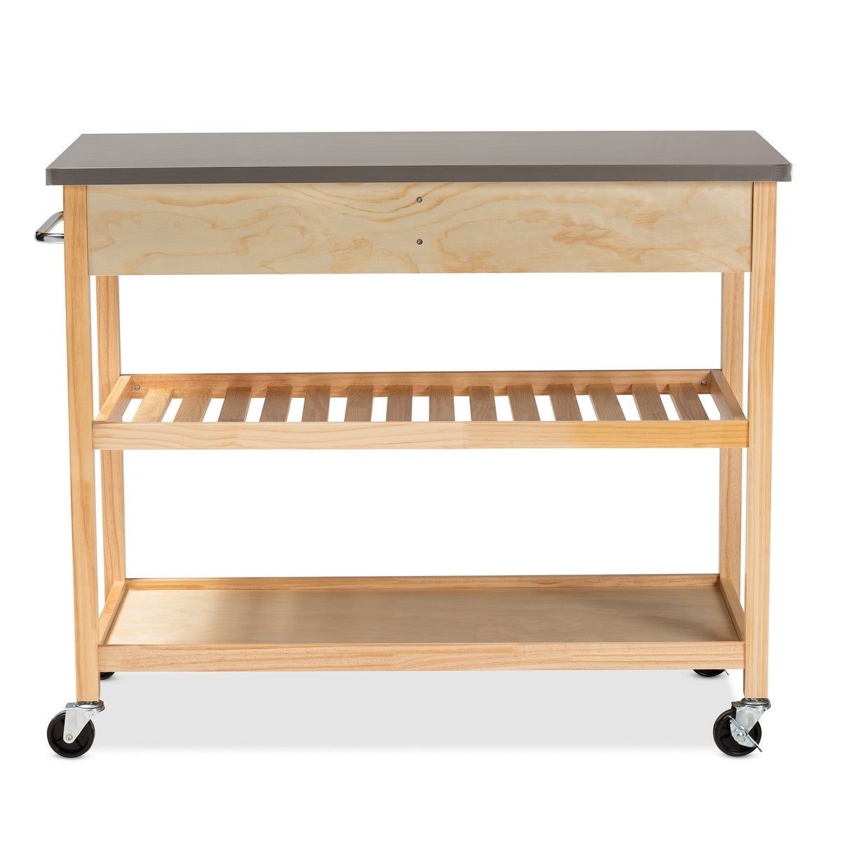 Baxton Studio Cresta Modern and Contemporary Pine Wood and Stainless Steel 2-Drawer Kitchen Island Utility Storage Cart