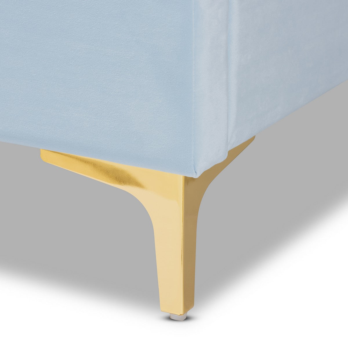 Baxton Studio Saverio Glam and Luxe Light Blue Velvet Fabric Upholstered Queen Size Platform Bed with Gold-Tone Legs