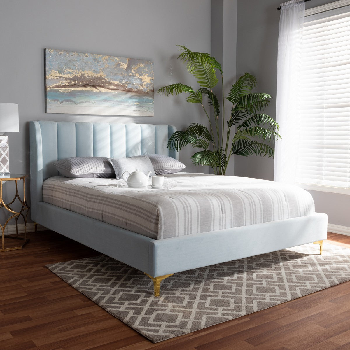 Baxton Studio Saverio Glam and Luxe Light Blue Velvet Fabric Upholstered Queen Size Platform Bed with Gold-Tone Legs
