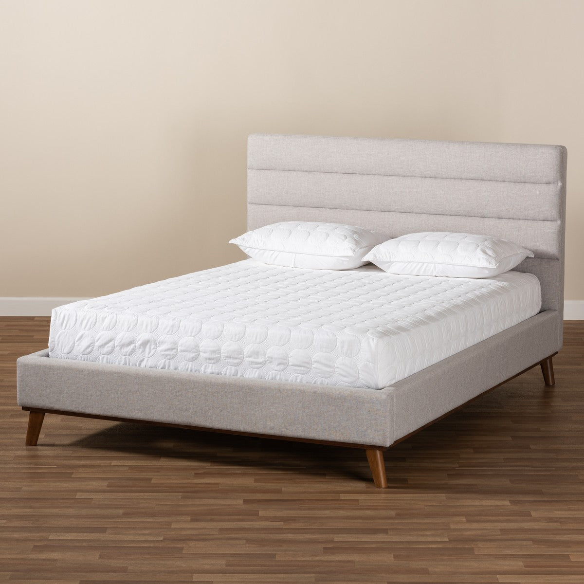 Baxton Studio Erlend Mid-Century Modern Greyish Beige Fabric Upholstered Queen Size Platform Bed