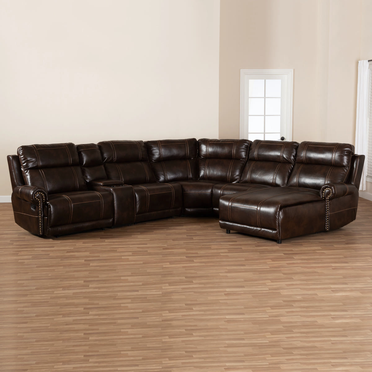 Baxton Studio Dacio Modern and Contemporary Brown Faux Leather Upholstered 6-Piece Sectional Recliner Sofa with 2 Reclining Seats Baxton Studio-sofas-Minimal And Modern - 2