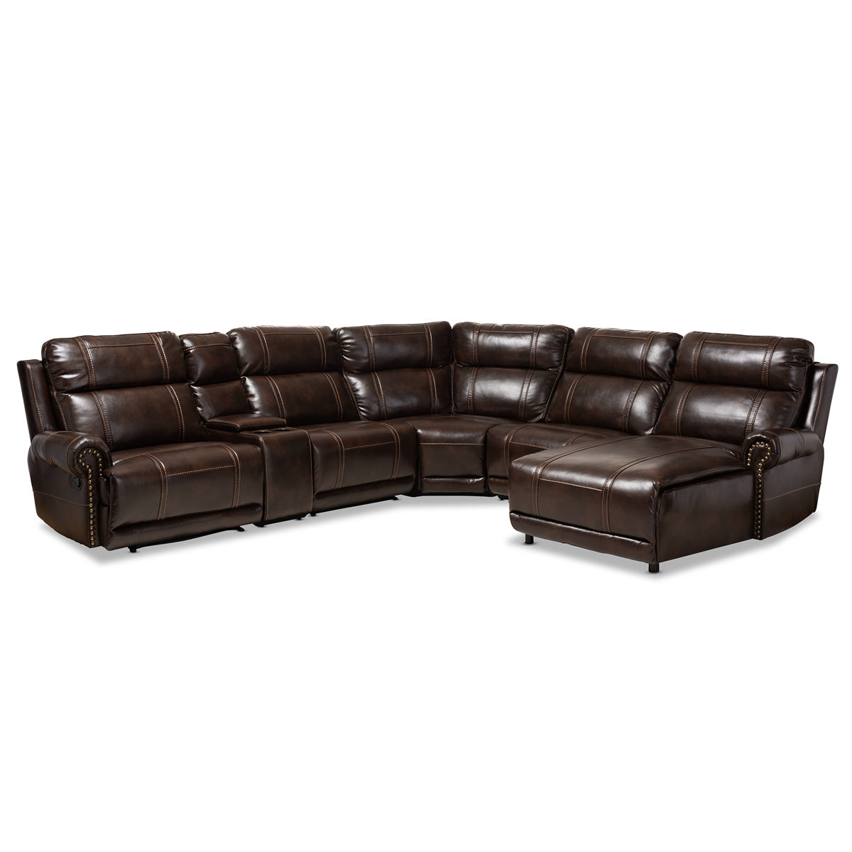 Baxton Studio Dacio Modern and Contemporary Brown Faux Leather Upholstered 6-Piece Sectional Recliner Sofa with 2 Reclining Seats Baxton Studio-sofas-Minimal And Modern - 1