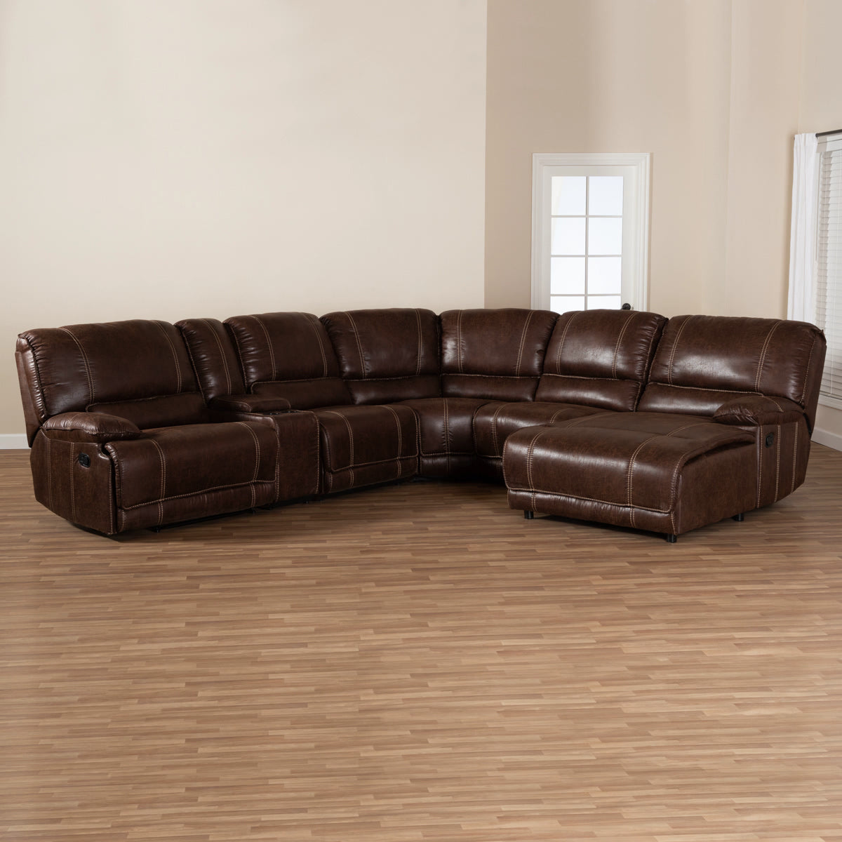 Baxton Studio Salomo Modern and Contemporary Brown Faux Leather Upholstered 6-Piece Sectional Recliner Sofa with 3 Reclining Seats  Baxton Studio-sofas-Minimal And Modern - 2