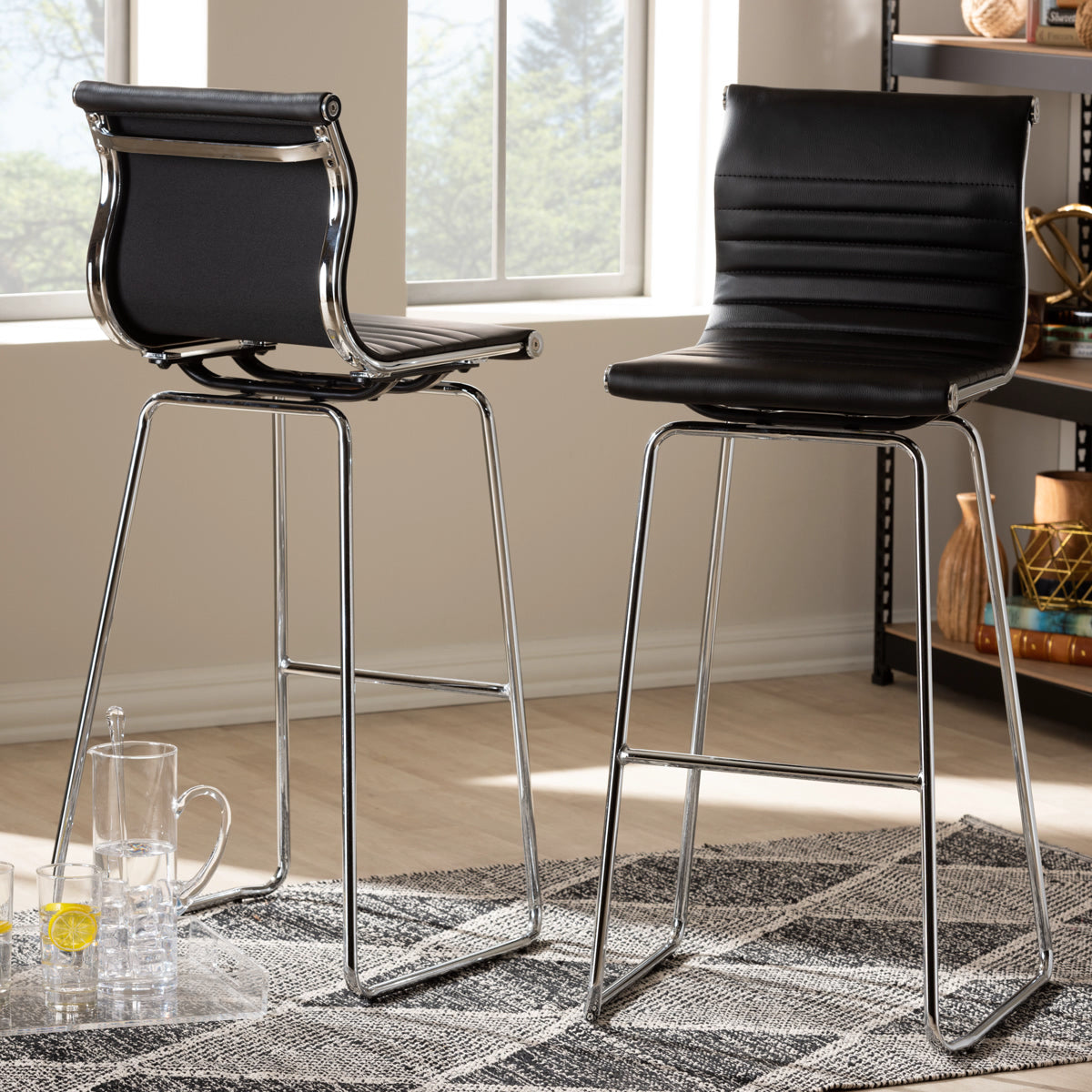Baxton Studio Giorgio Modern and Contemporary Black Faux Leather Upholstered Chrome-Finished Steel Bar Stool Set Baxton Studio-Bar Stools-Minimal And Modern - 5