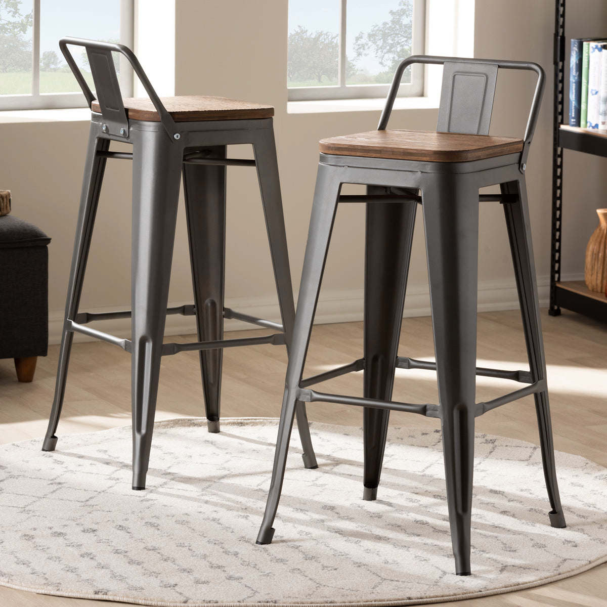 Baxton Studio Henri Vintage Rustic Industrial Style Tolix-Inspired Bamboo and Gun Metal-Finished Steel Stackable Bar Stool with Backrest Set Baxton Studio-Bar Stools-Minimal And Modern - 5