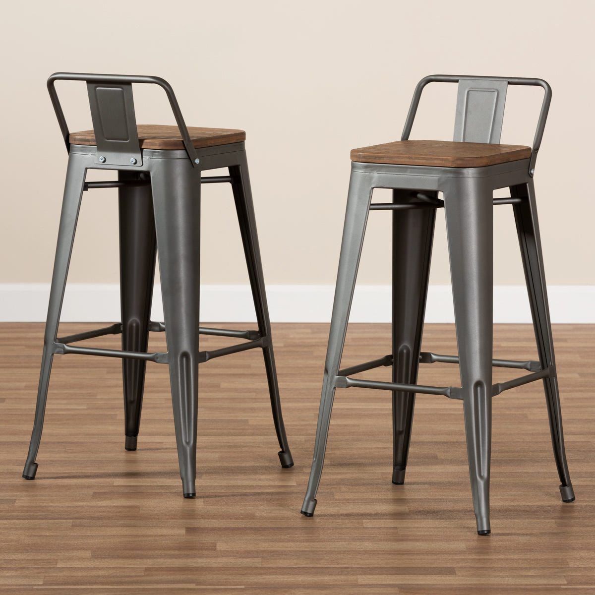 Baxton Studio Henri Vintage Rustic Industrial Style Tolix-Inspired Bamboo and Gun Metal-Finished Steel Stackable Bar Stool with Backrest Set Baxton Studio-Bar Stools-Minimal And Modern - 6