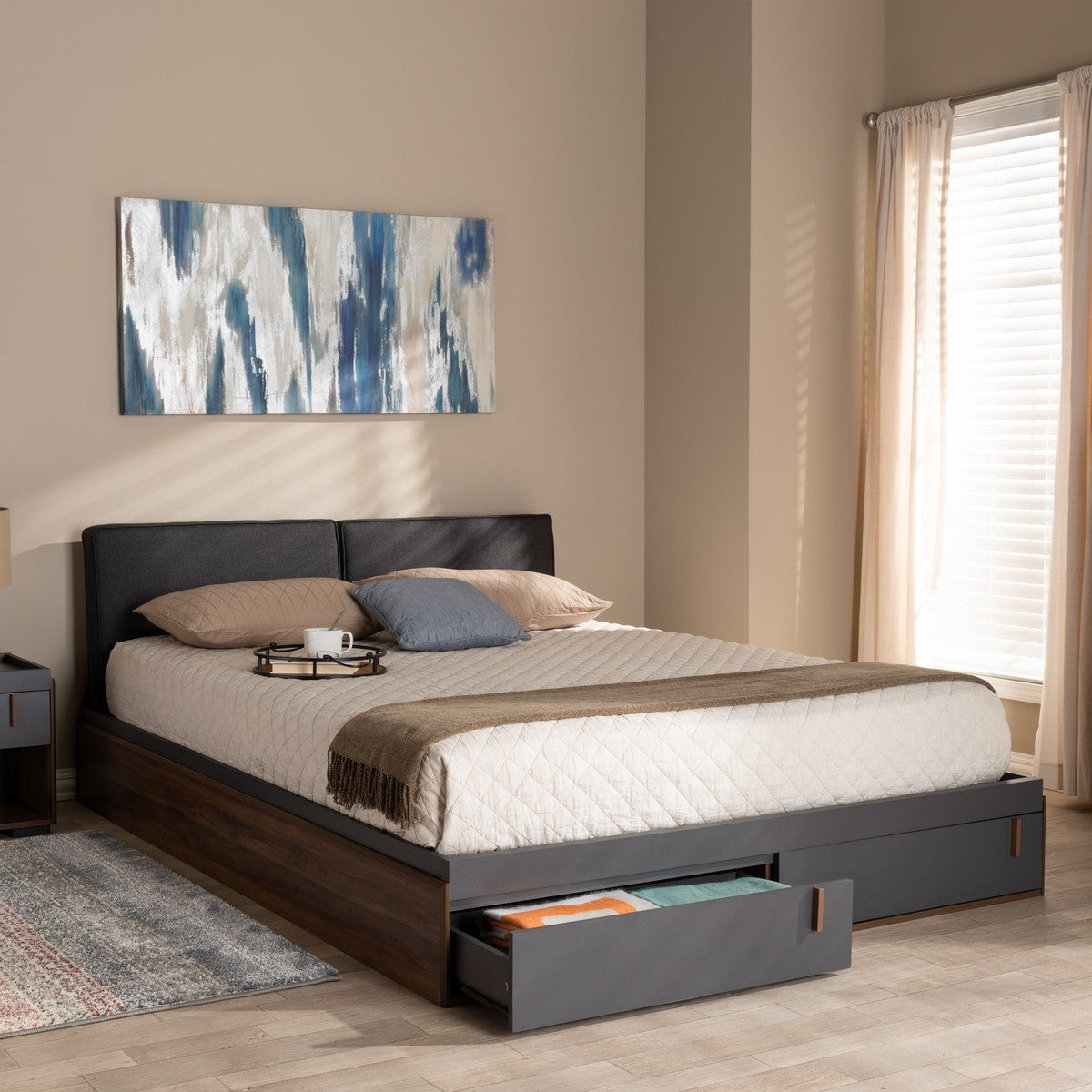 Baxton Studio Rikke Modern and Contemporary Two-Tone Gray and Walnut Finished Wood Queen Size Platform Storage Bed with Gray Fabric Upholstered Headboard
