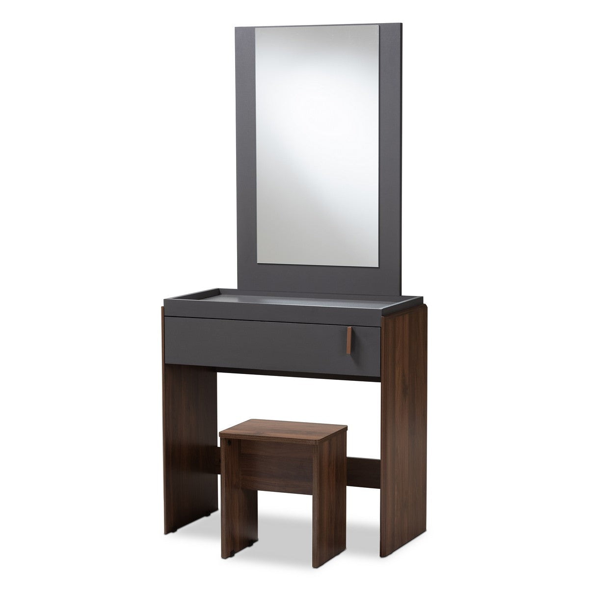 Baxton Studio Rikke Modern and Contemporary Two-Tone Gray and Walnut Finished Wood Bedroom Vanity with Stool Baxton Studio-Bathroom Vanities-Minimal And Modern - 1