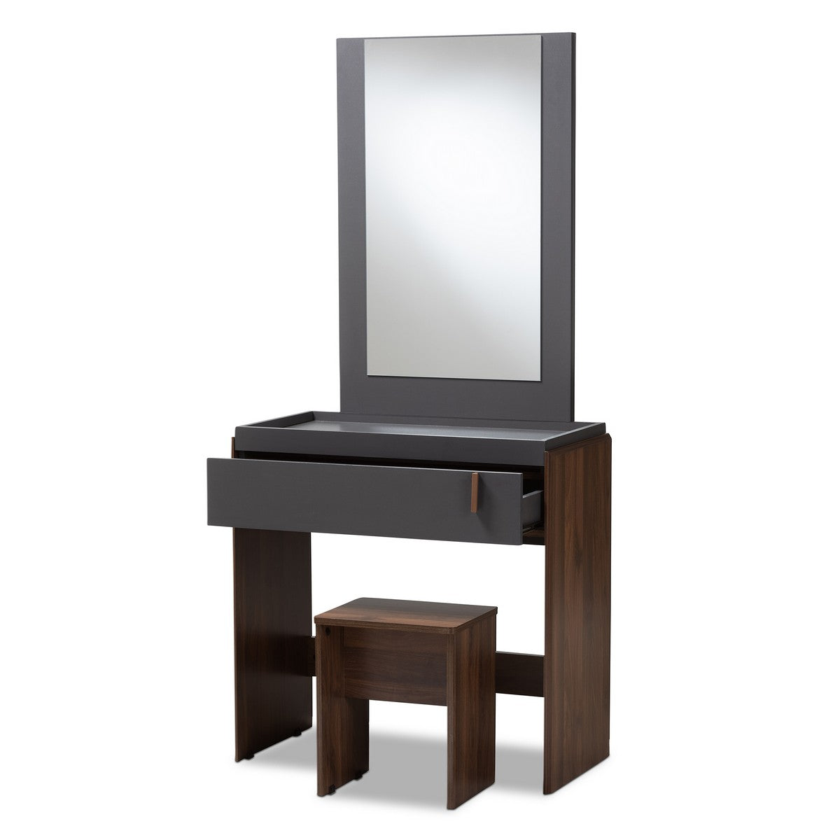 Baxton Studio Rikke Modern and Contemporary Two-Tone Gray and Walnut Finished Wood Bedroom Vanity with Stool