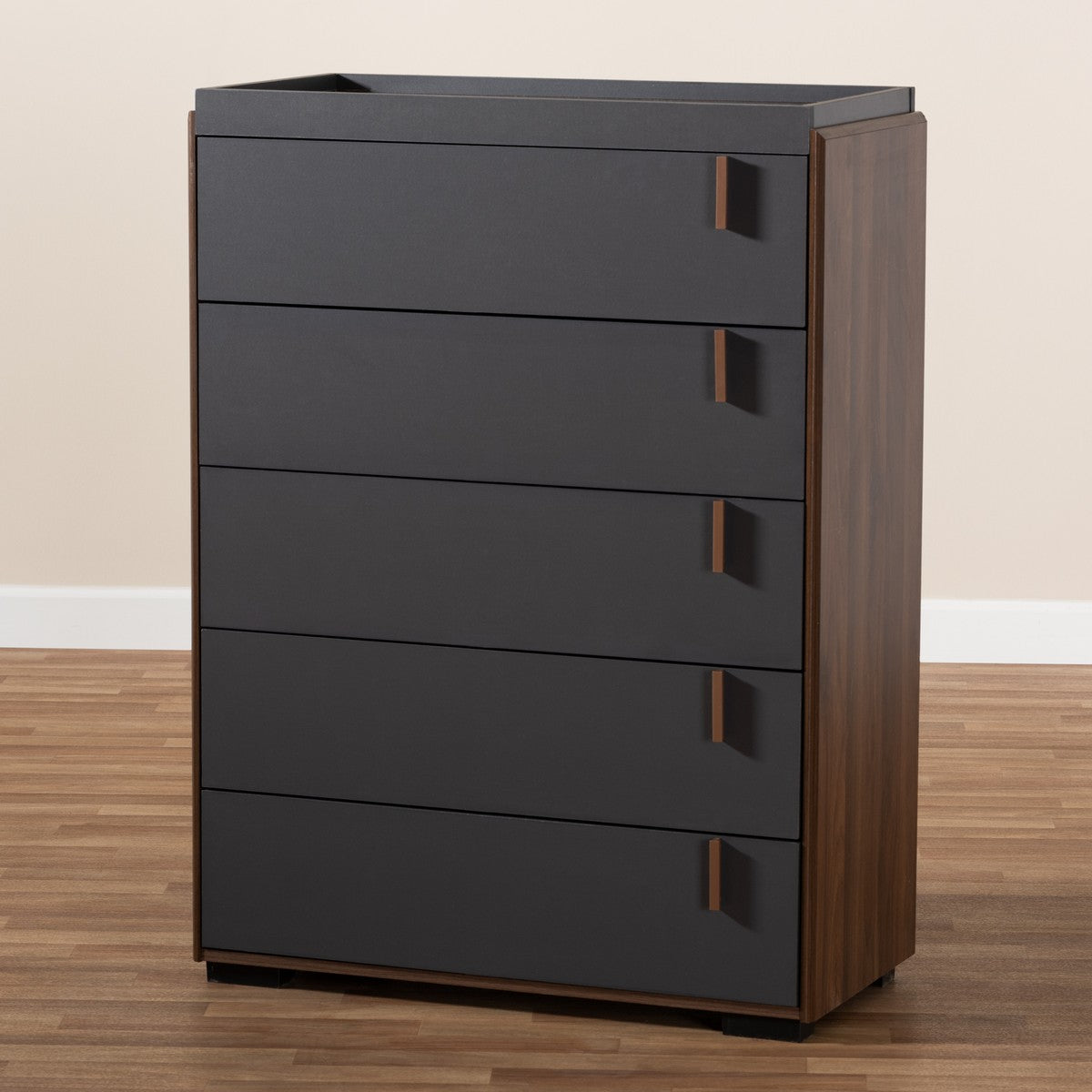 Baxton Studio Rikke Modern and Contemporary Two-Tone Gray and Walnut Finished Wood 5-Drawer Chest