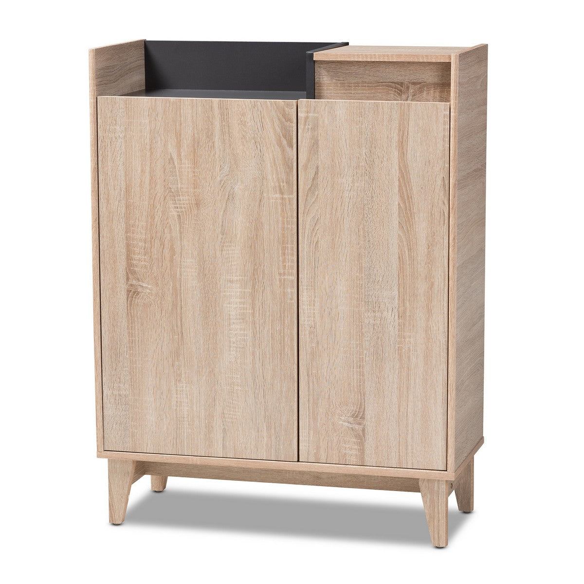 Baxton Studio Fella Mid-Century Modern Two-Tone Oak Brown and Dark Gray Entryway Shoe Cabinet with Lift-Top Storage Compartment Baxton Studio-Shoe Cabinets-Minimal And Modern - 1