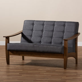 Baxton Studio Larsen Mid-Century Modern Gray Fabric Upholstered Walnut Wood Loveseat