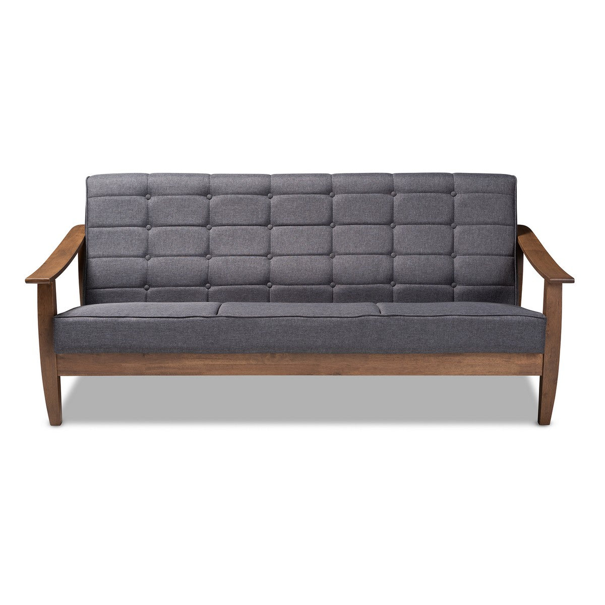Baxton Studio Larsen Mid-Century Modern Gray Fabric Upholstered Walnut Wood Sofa
