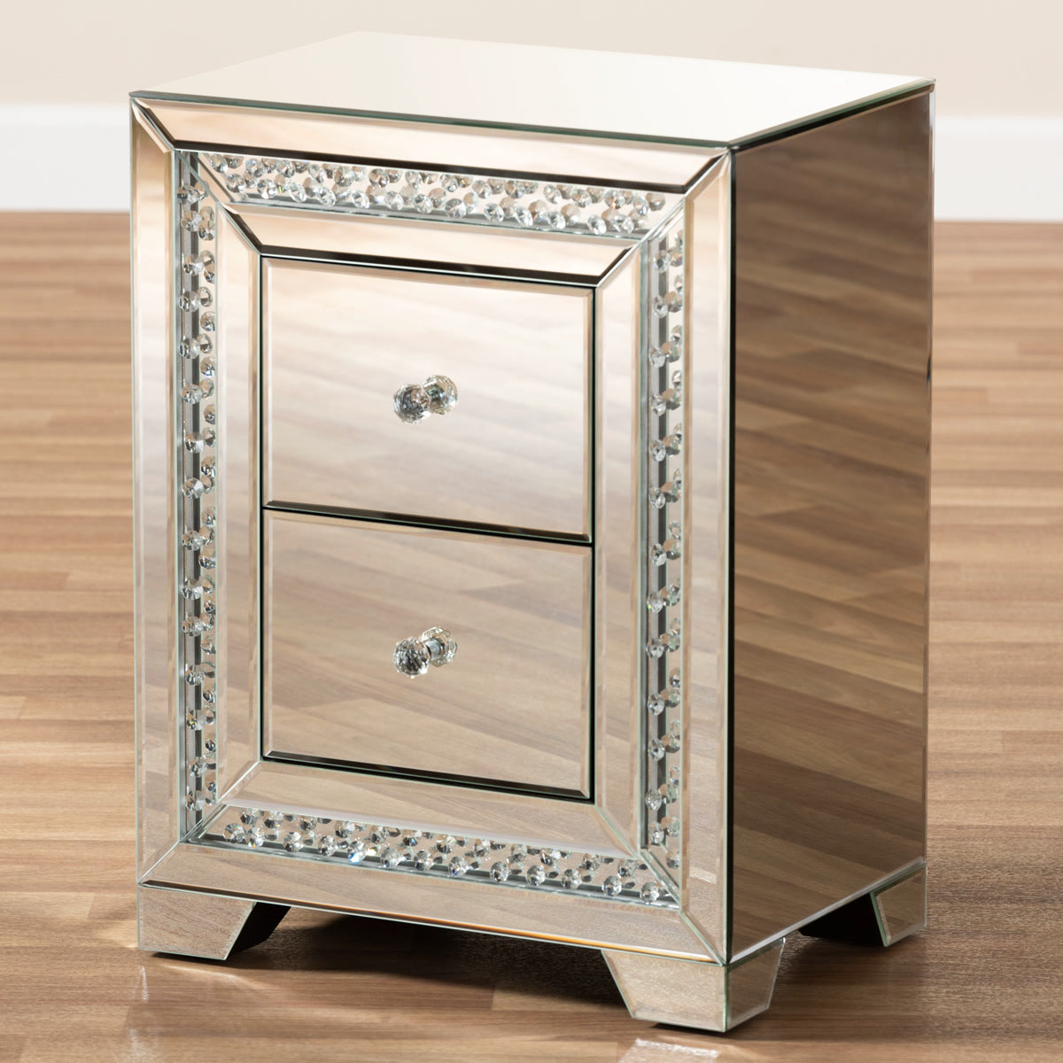 Baxton Studio Mina Modern and Contemporary Hollywood Regency Glamour Style Mirrored Three Drawer Nightstand Bedside Table Baxton Studio-nightstands-Minimal And Modern - 6