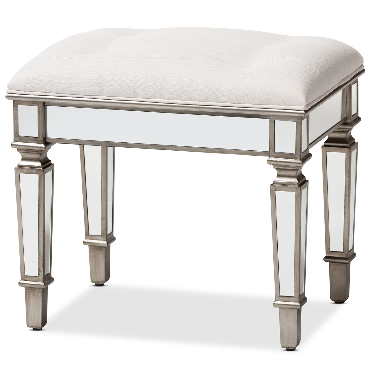 Baxton Studio Marielle Hollywood Regency Glamour Style Off White Fabric Upholstered Mirrored Ottoman Vanity Bench Baxton Studio-ottomans-Minimal And Modern - 1